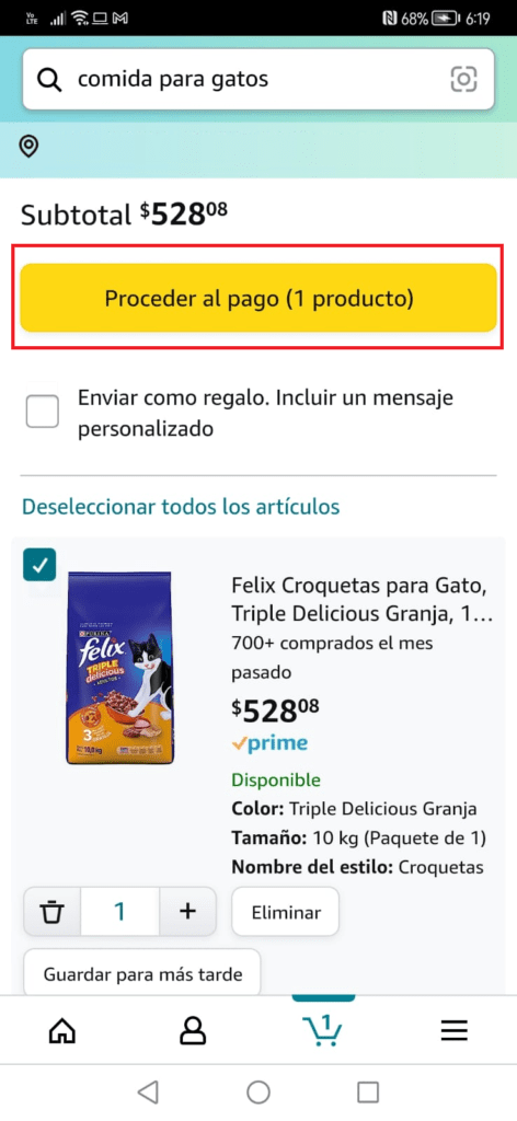 Aplicación de Amazon en Android para compras en línea - Agregar domicilio y comprar