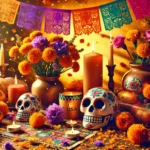 Imagen destacada para el blog sobre el Día de Muertos en USA, mostrando un altar tradicional con flores de cempasúchil, velas, papel picado y una calavera decorada, en colores vibrantes como naranja, púrpura y rosa, capturando el espíritu festivo y cultural de esta celebración mexicana.